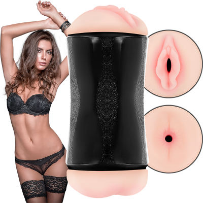 Artigo erótico masculino com capas preta e pele e modelo em lingerie preta.