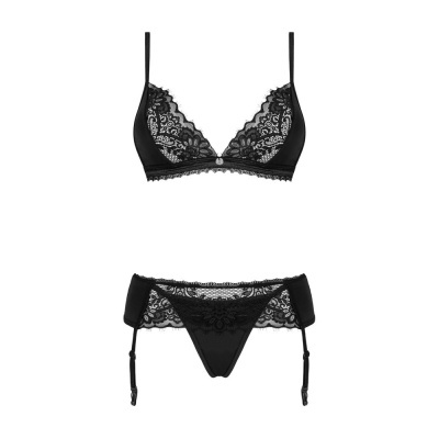 Conjunto de lingerie feminino preto com renda floral e liga.