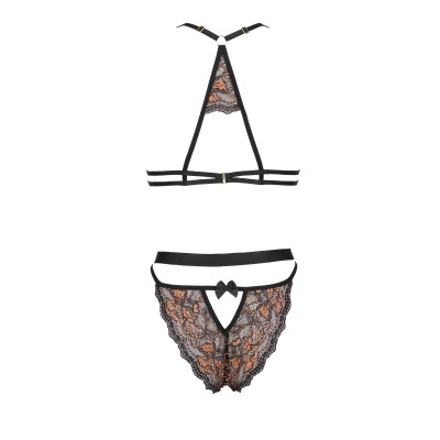 Conjunto de lingerie preta em renda com detalhes cor de pele e laço