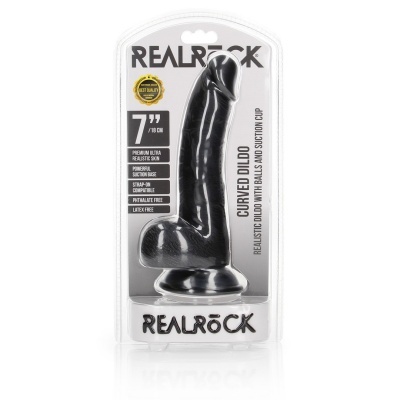 Dildo negro curvo com base de sucção na embalagem