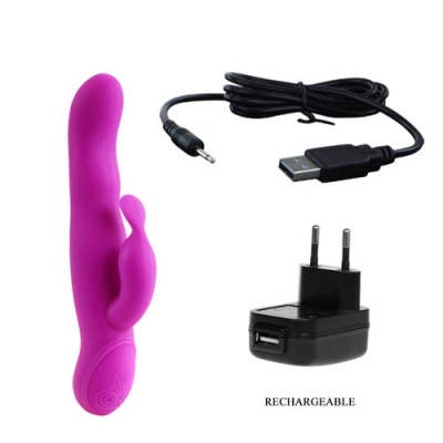 Vibrador rosa em silicone com cabo USB e adaptador elétrico preto