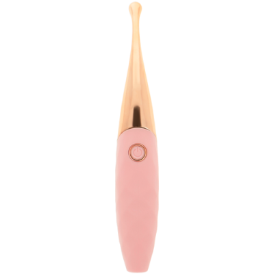 Utensílio de beleza rosa e dourado com botão de ligar em fundo branco