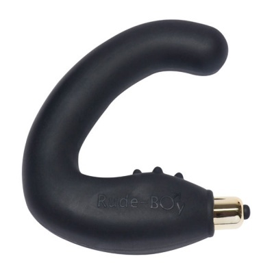 Produto de silicone preto curvado com inscrição Rude-BOy e parte metálica dourada
