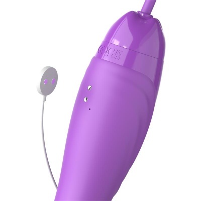 Dispositivo eletrónico roxo com cabo e botões