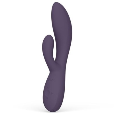 Vibrador roxo em silicone com dupla estimulação e botões na base
