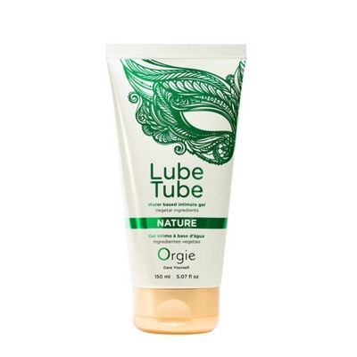 Tubo branco com tampa cor de pêssego e texto verde de gel íntimo