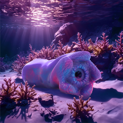 creatura marinha rosa e roxa subaquática com textura rugosa e corais
