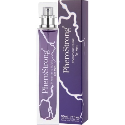 Frasco e caixa roxa de perfume PheroStrong para homens