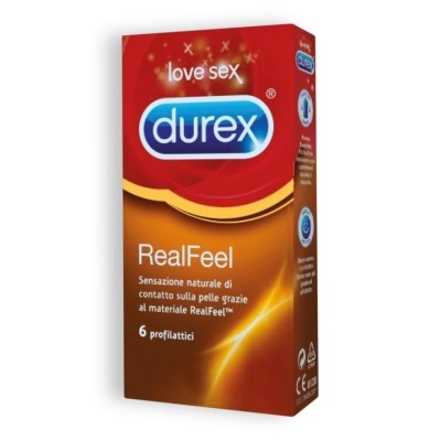 Embalagem de preservativos Durex RealFeel em tons vermelhos e laranja