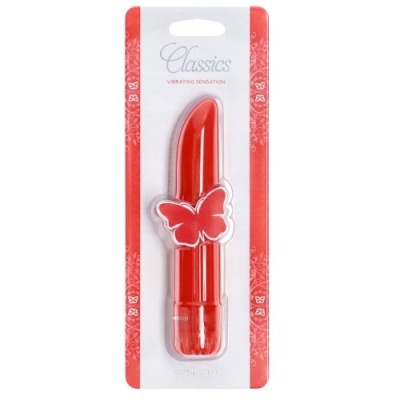 Vibrador vermelho curvo em embalagem branca e vermelha com texto e desenho de borboleta