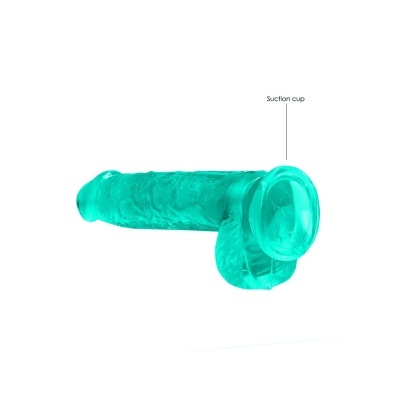 Dildo turquesa translúcido com ventosa na base sobre fundo branco