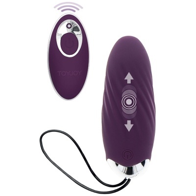 Produto vibrador roxo com controlo remoto e cabo preto