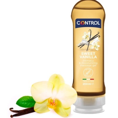 Frasco de gel massageador com aroma de baunilha e flores amarelas