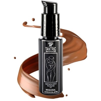 Frasco preto de óleo de massagem com textura de chocolate envolvente