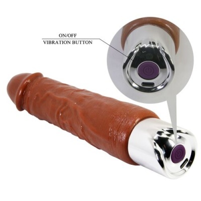 Vibrador castanho com botão roxo e extremidade prateada