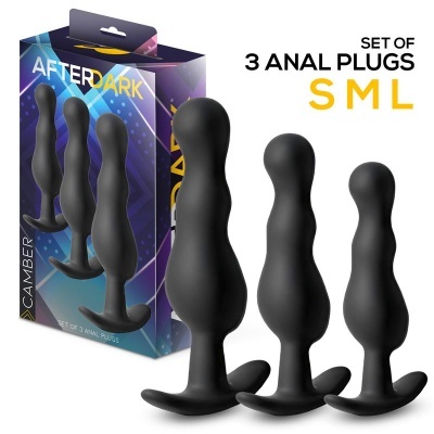 Conjunto de 3 plugs anais pretos de silicone com embalagem