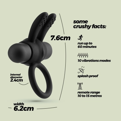 Anel preto em silicone com dois prolongamentos texturizados e texto informativo