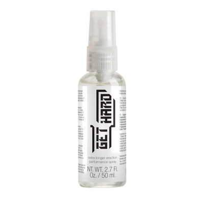 Frasco spray GET HARD transparente com rótulo branco e texto preto