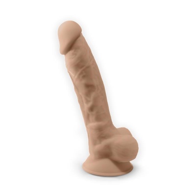Dildo realista bege com base ventosa em fundo branco