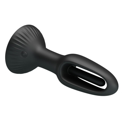 Produto preto ergonómico com base circular texturizada e botão de ligar
