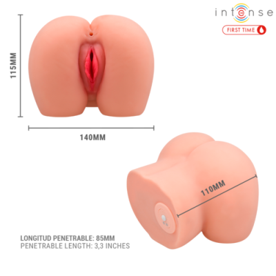 Masturbador masculino anatómico cor pele com dimensões e comprimento penetrável indicados.