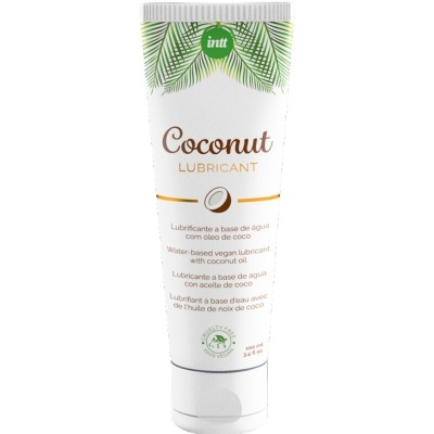 Frasco branco de lubrificante à base de água com óleo de coco da marca intt com folhas verdes no topo