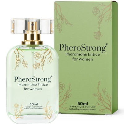 Frasco e caixa de perfume PheroStrong para mulheres, verde com detalhes dourados