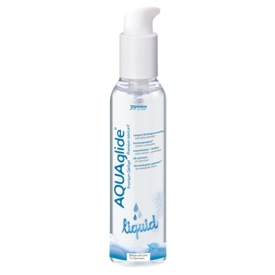 Frasco transparente com bomba branca de lubrificante AQUAglide com texto azul e gotas de água