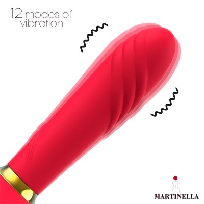 Vibrador vermelho com textura ondulada e anel dourado, texto 12 modes of vibration e logo MARTINELLA