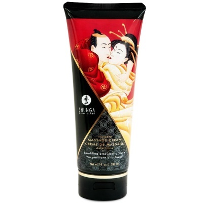 Creme de massagem Shunga Erotic Art em tubo com ilustração japonesa e texto em inglês e francês