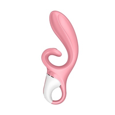 Vibrador cor-de-rosa com punho branco e design curvado