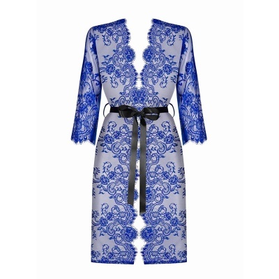 Robe de renda azul com padrão floral e cinto preto