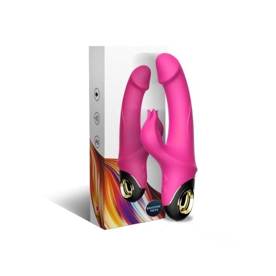Vibrador rosa em silicone com embalagem.