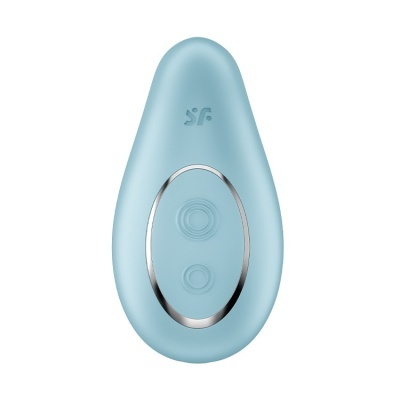 Dispositivo eletrônico azul claro em formato gota com botões circulares e logo SF
