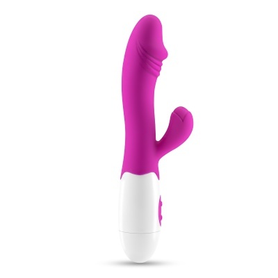 Vibrador roxo com base branca e botões de controlo