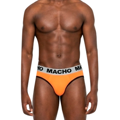 Cuecas masculinas slip laranja com cintura elástica cinza e preta com palavra MACHO