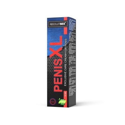 Embalagem de creme para aumento peniano SEX XL com design azul, preto e vermelho
