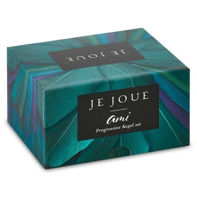 Caixa do produto JE JOUE ami com padrão de penas azul esverdeadas