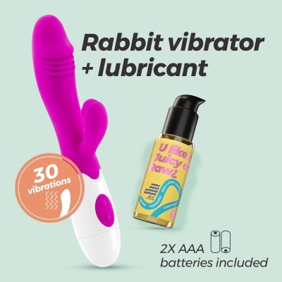 Vibrador tipo coelho rosa com lubrificante em embalagem amarela