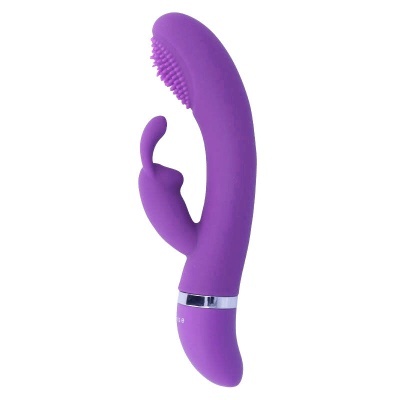 Vibrador roxo de silicone com superfície texturizada e detalhe metálico