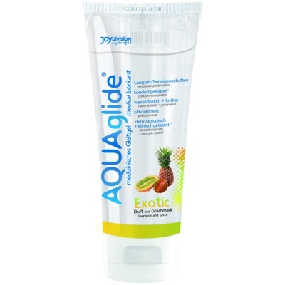 Tubo branco de gel lubrificante AQUAglide Exotic com frutas exóticas na embalagem