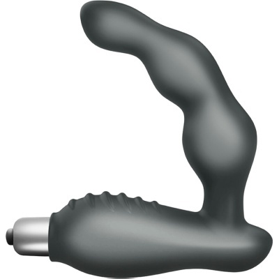 Produto preto curvado em silicone com extremidade metálica prateada.