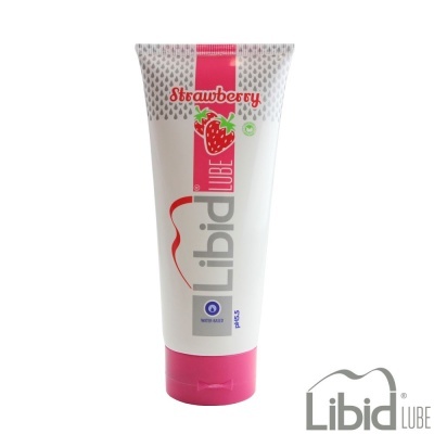 Frasco branco e rosa de lubrificante à base de água sabor morango com texto Strawberry Lube pH 5.