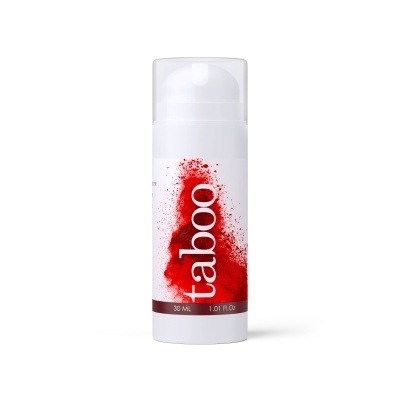 Frasco branco com tampa transparente e padrão vermelho esparramado
