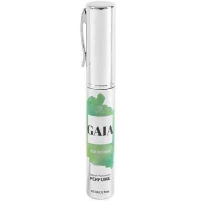 frasco prateado e branco de perfume Gaia for Women com tampa prateada