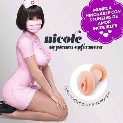 Figura feminina com uniforme rosa de enfermeira, máscara e chapéu com cruz vermelha, anúncio com texto em espanhol para boneca insuflável e estimulador sexual.