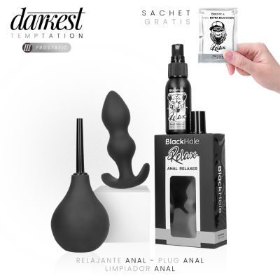Conjunto de produtos para uso anal incluindo plug, spray relaxante, pera para limpeza e sachê grátis da marca BlackHole