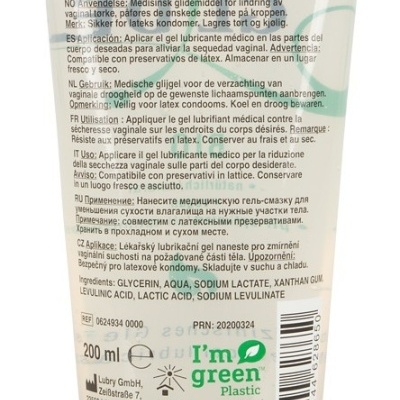 Frasco plástico transparente com tampa verde e texto multilingue de gel lubrificante médico