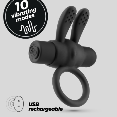 Anel vibrador preto com duas extensões e controlo, texto 10 vibrating modes e USB rechargeable
