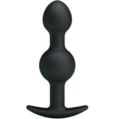 Plug anal preto com duas esferas e base curva em T